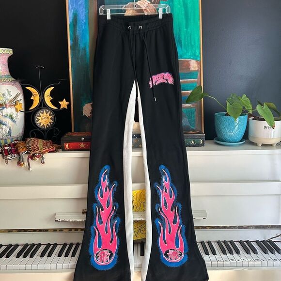 Rockstar Original Size M Flame Track Pants Stacked Flared Leg in Black - Picture 2 of 14